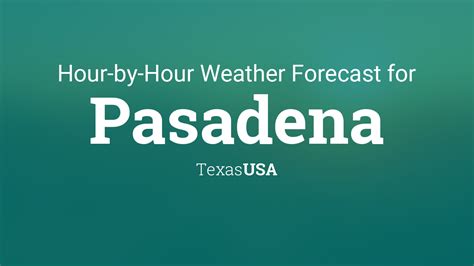 Pasadena tx weather hourly - Current Weather. 7:47 PM. 73° F. RealFeel® 78°. Air Quality Excellent. Wind NNW 4 mph. Wind Gusts 8 mph. Cloudy More Details.